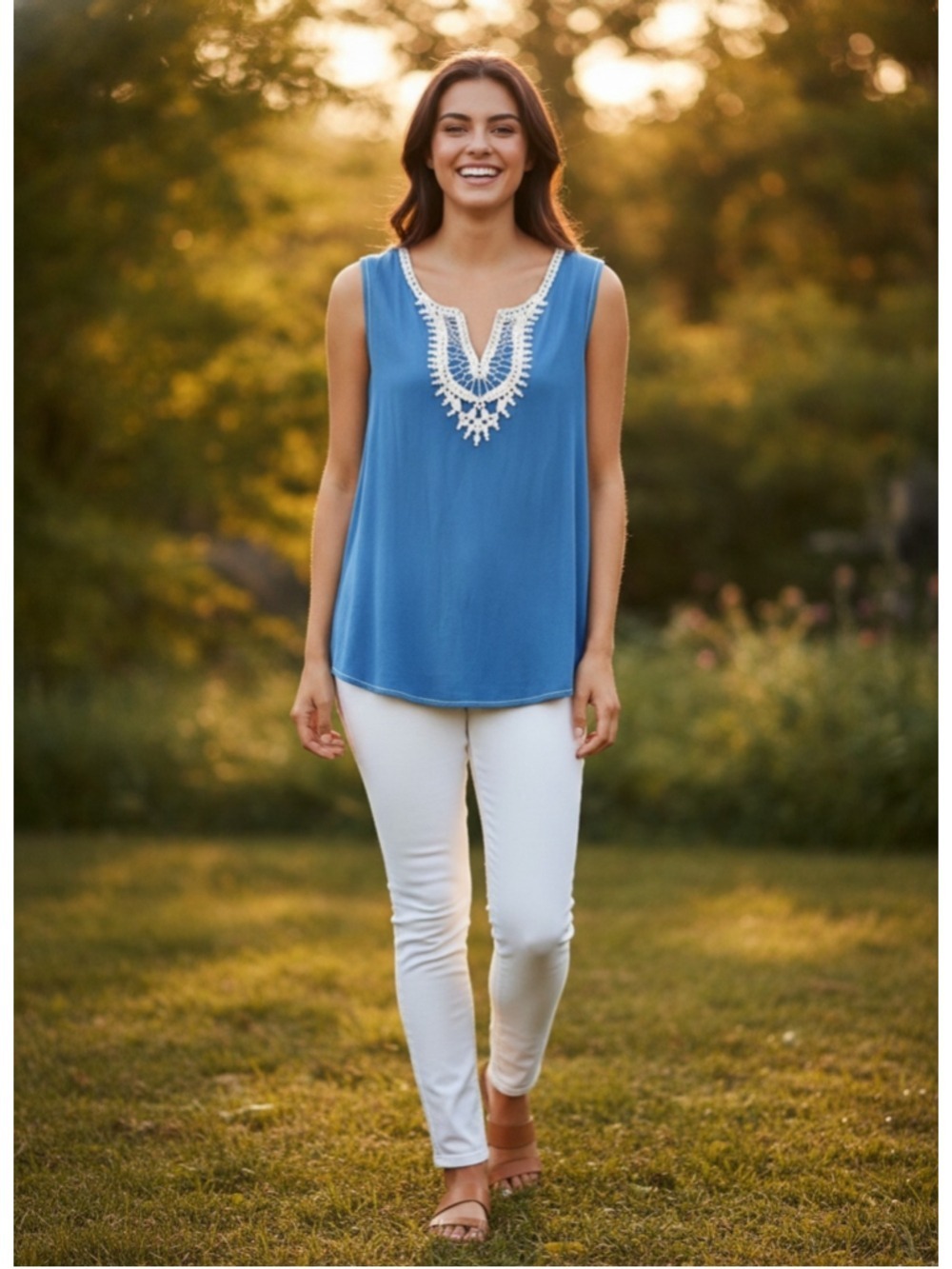 Laura plus teal blue embroidered V-neck top Size 1X